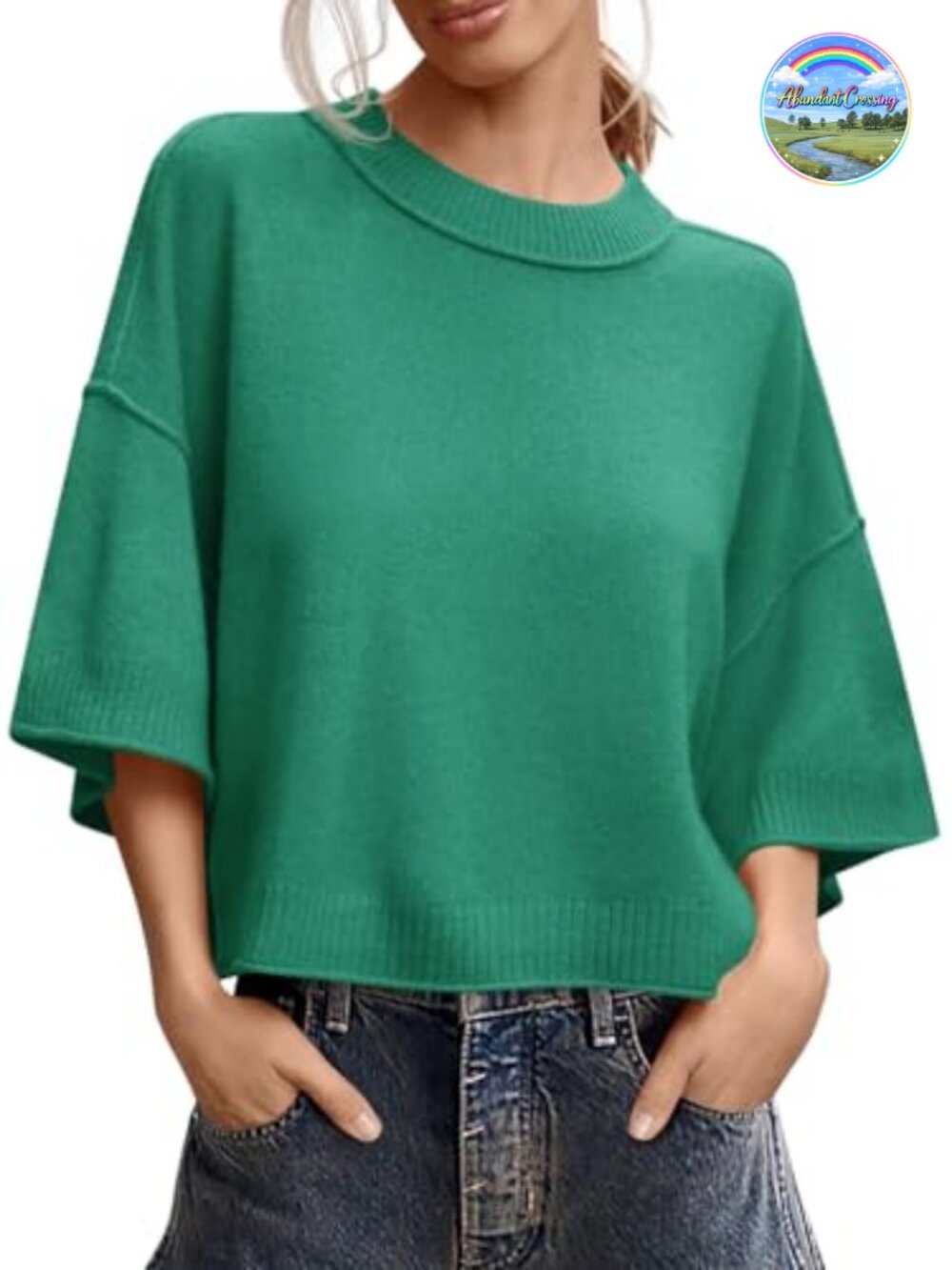Womens Short Sleeve Oversized Cropped Sweater Knit Pullover Top